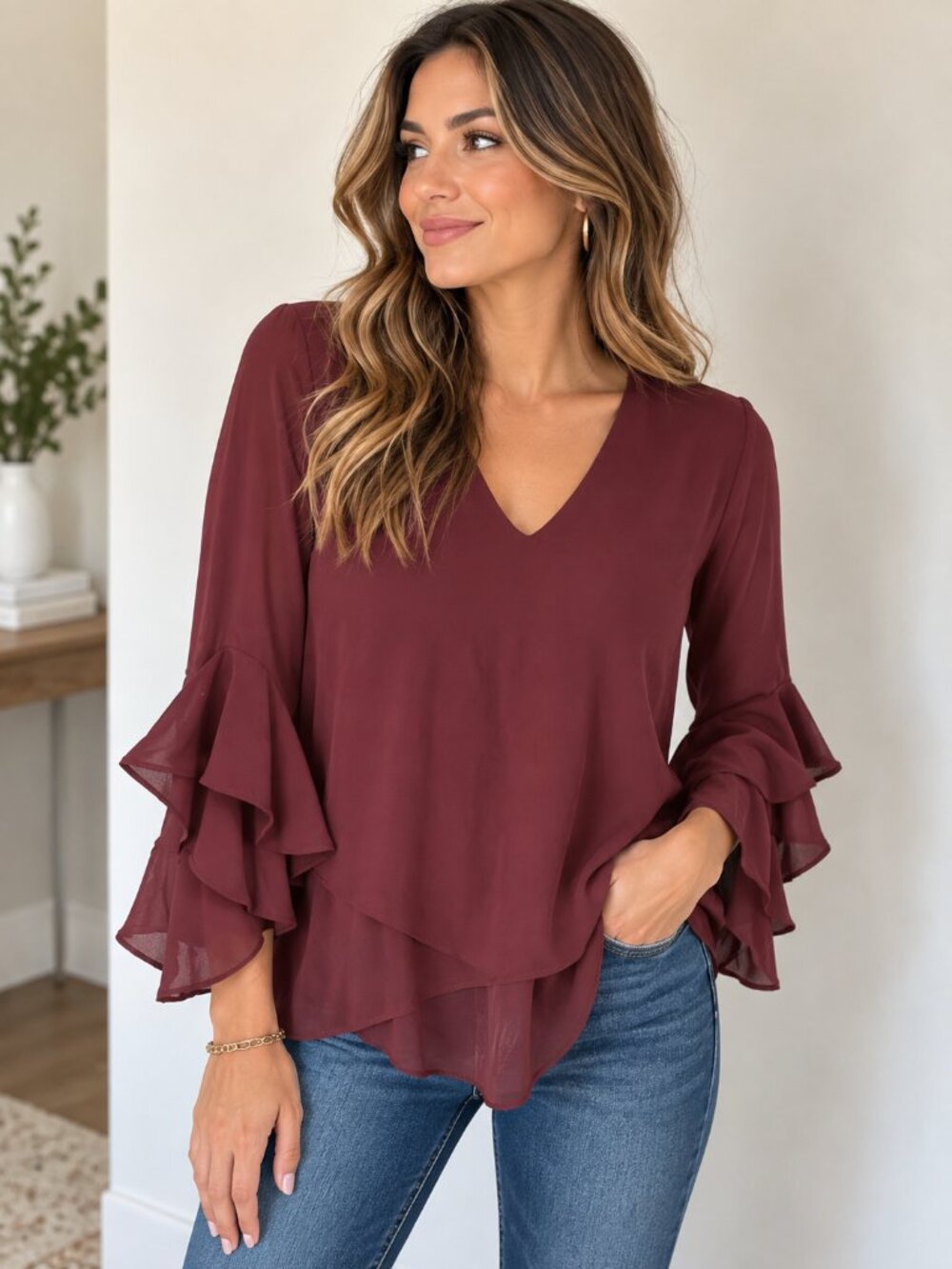 Vince Camuto Burgundy Ruffle Sleeve Blouse Size M
